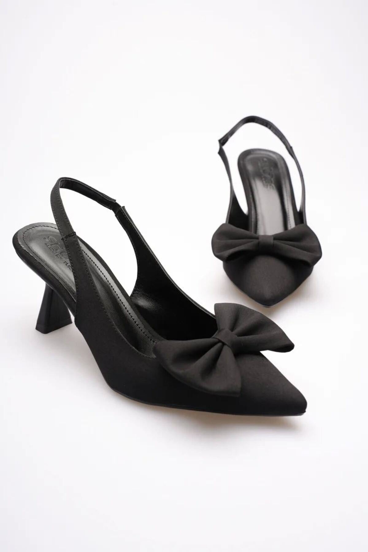 Siyah Fiyonklu Kitten Topuklu Slingback Kadın Ayakkabı Sivri