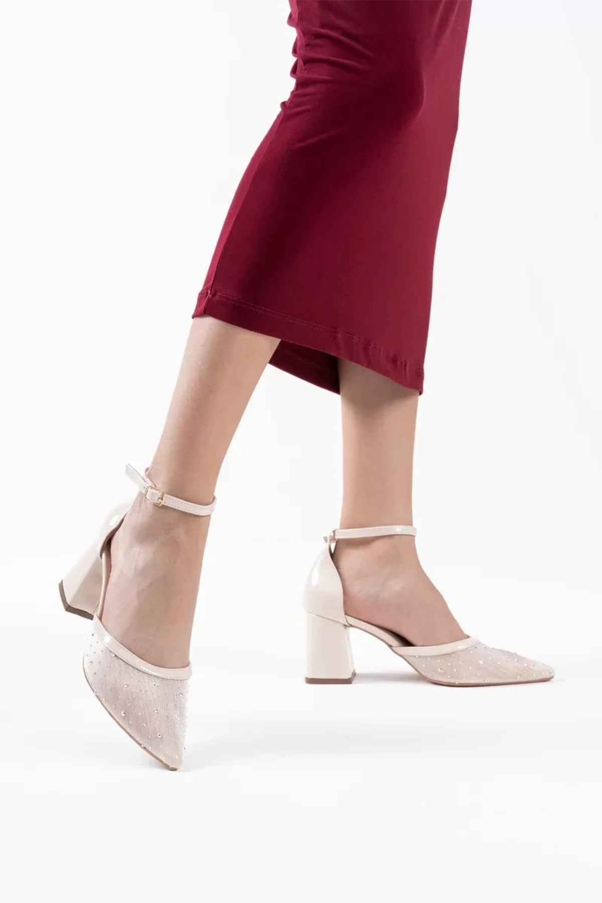 Tekstil Kumaş Taşlı Kadın Topuklu Ayakkabı Bantlı Sivri