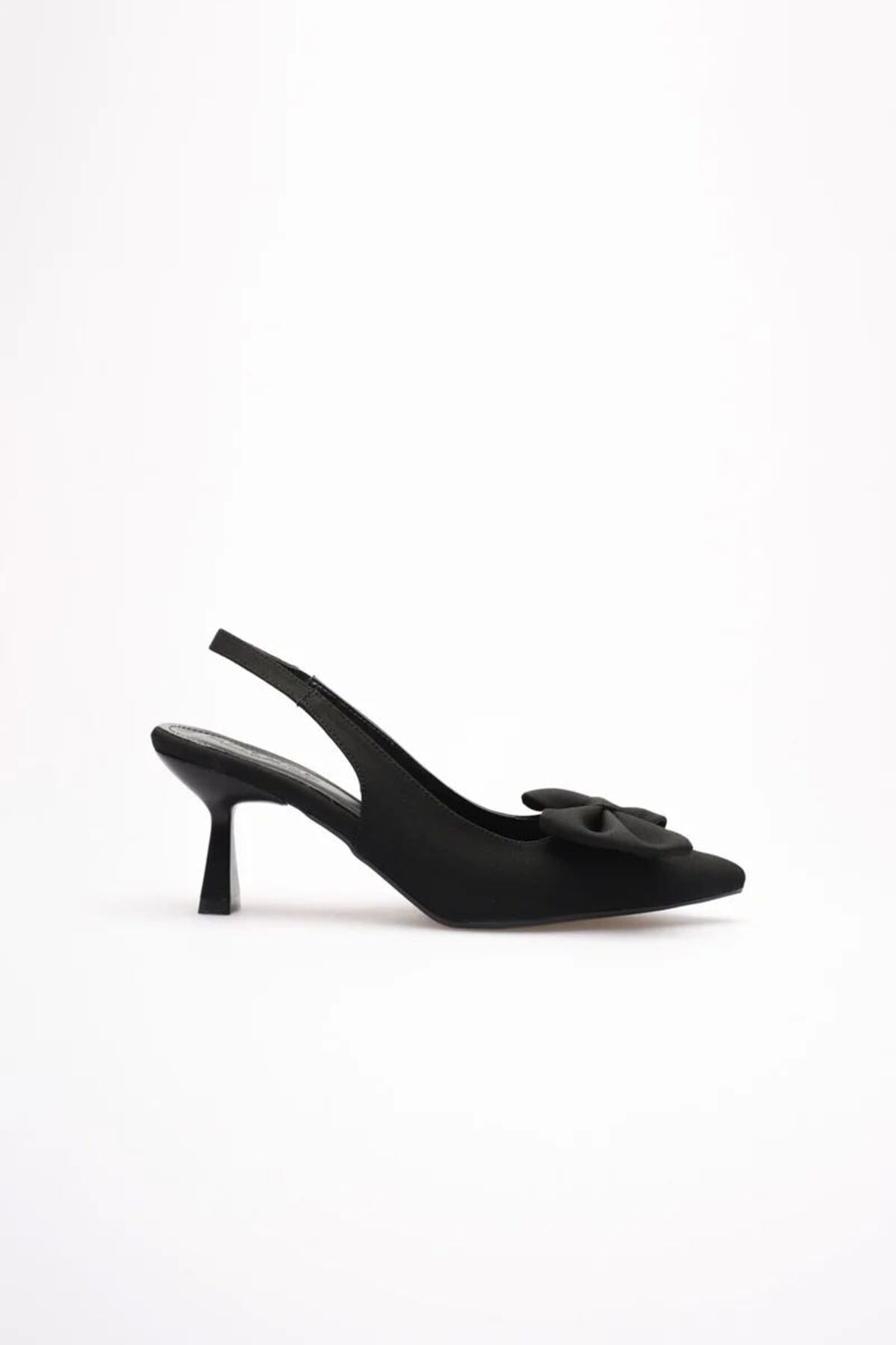 Siyah Fiyonklu Kitten Topuklu Slingback Kadın Ayakkabı Sivri