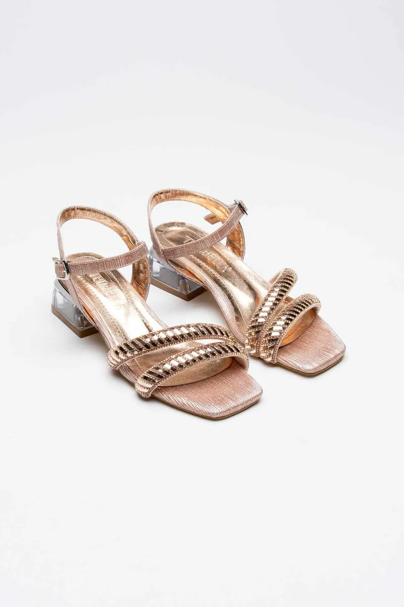 Rose Gold Taşlı Kadın Topuklu Sandalet Kadın Ayakkabı