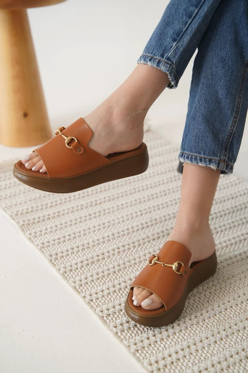 Taba Hakiki Deri Terlik Kadın Ayakkabı Stiletto
