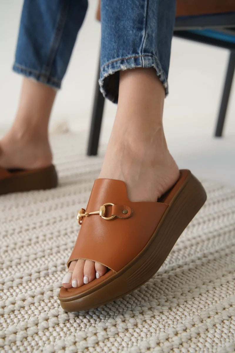 Taba Hakiki Deri Terlik Kadın Ayakkabı Stiletto