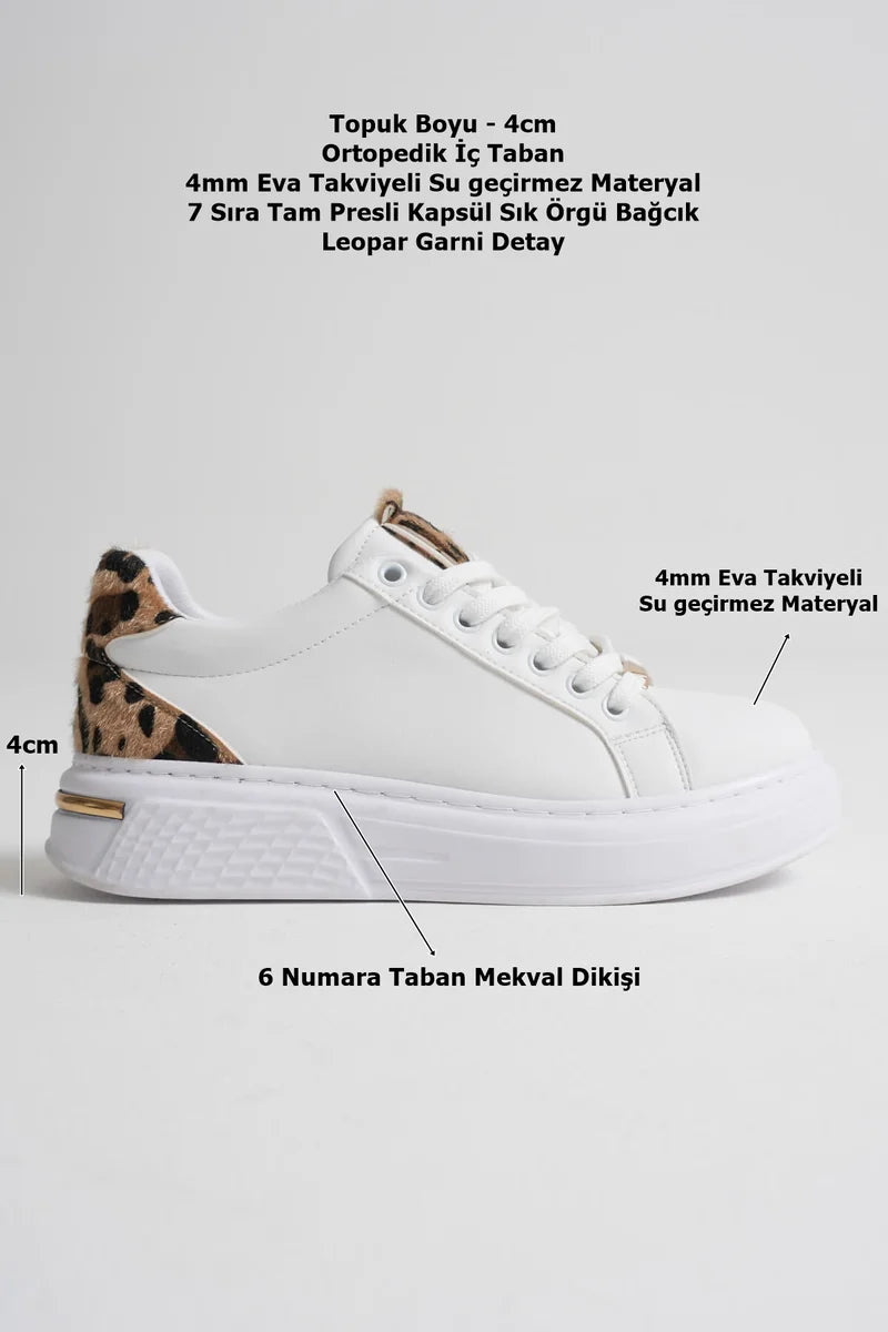 Leopar Detaylı Beyaz Kadın Spor Ayakkabı