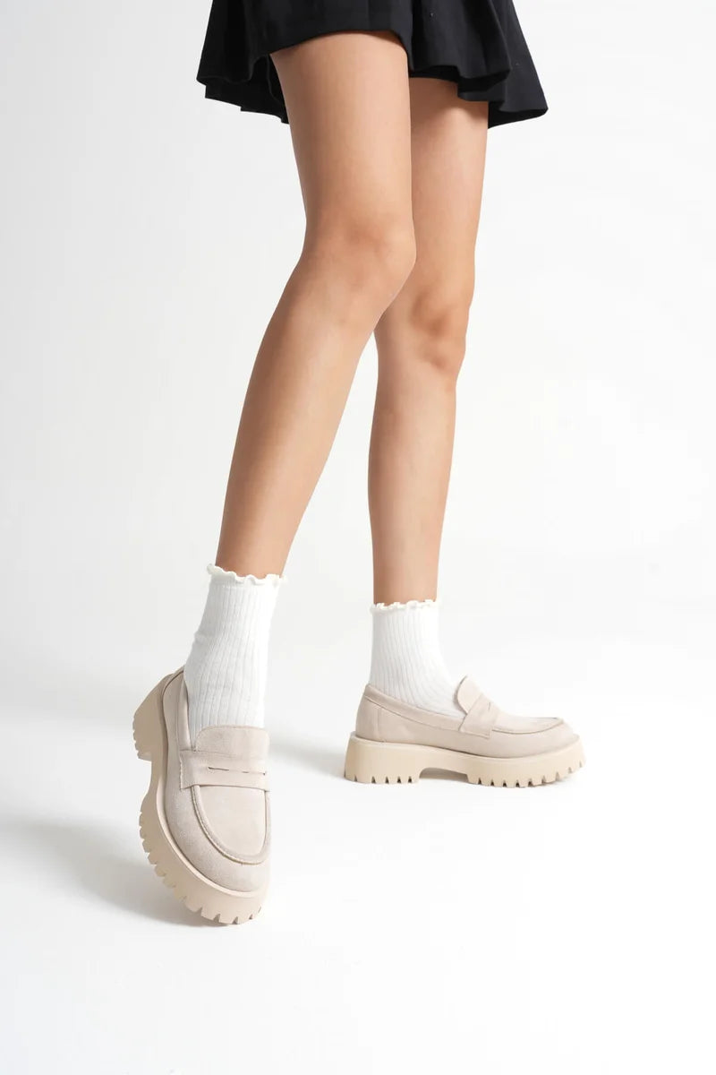 Kadın Günlük Bej Süet Loafer Ayakkabı Kadın Ayakkabı