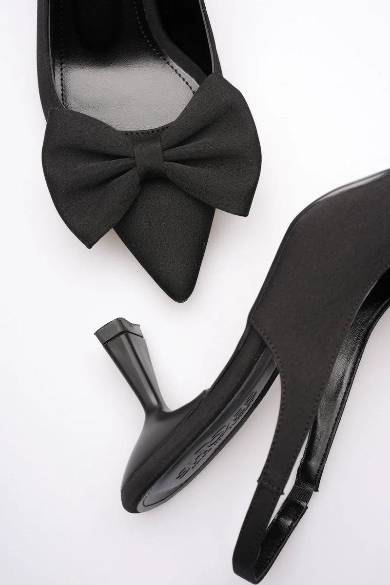 Siyah Fiyonklu Kitten Topuklu Slingback Kadın Ayakkabı İnce topuklu