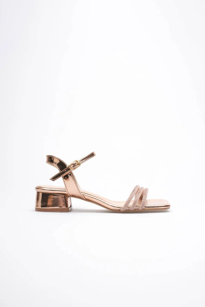 Kadın Rose Gold Taşlı Kalın Topuklu Sandalet
