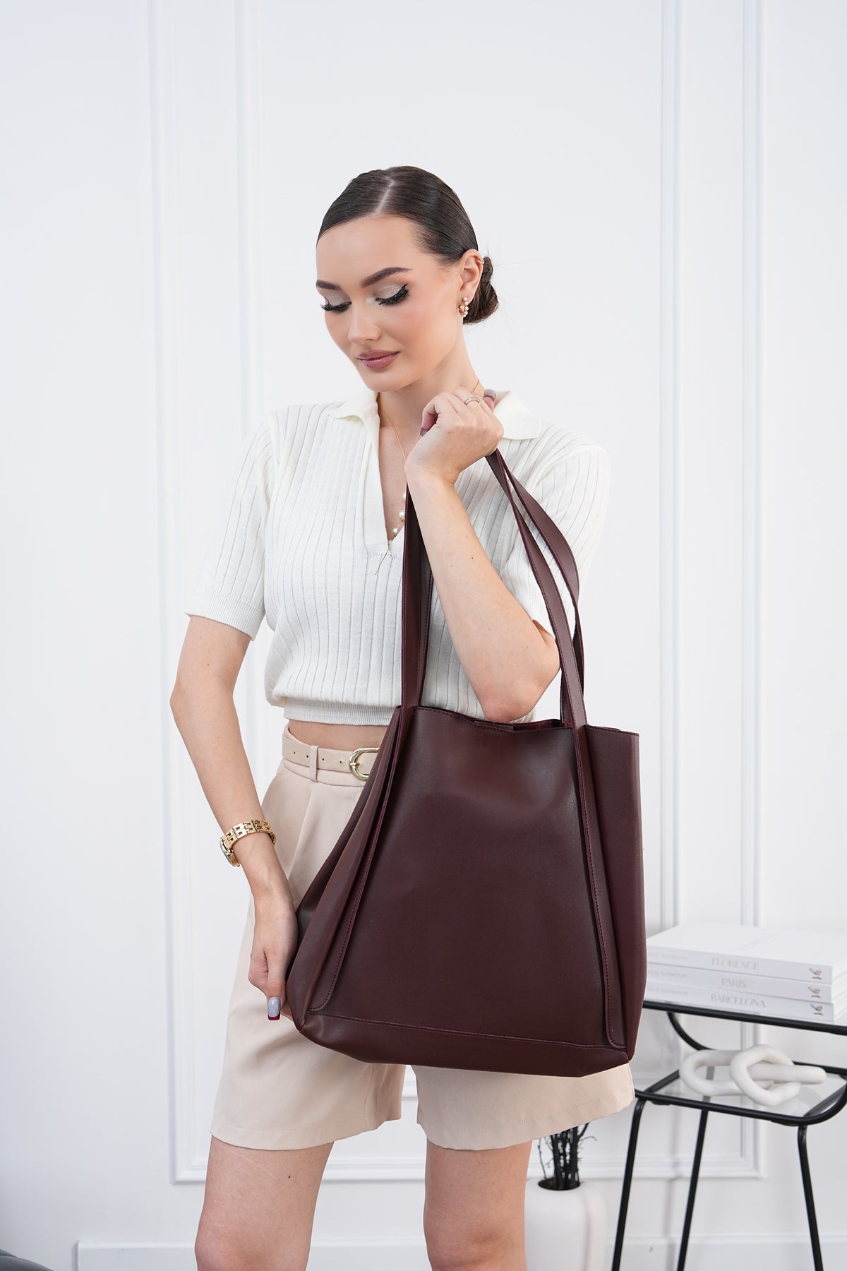 Kadın Bordo Minimalist Büyük Omuz Çantası