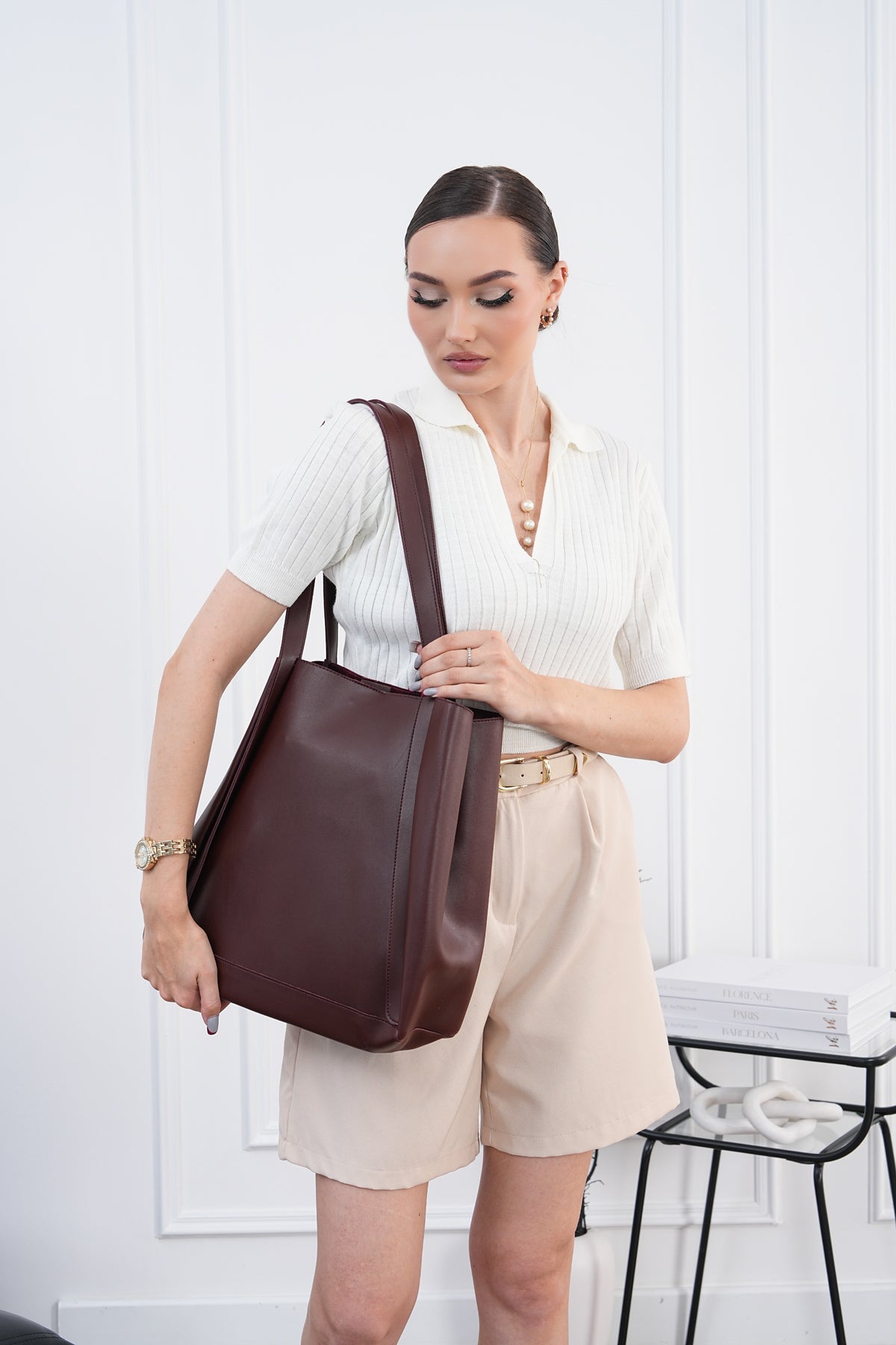 Kadın Bordo Minimalist Büyük Omuz Çantası