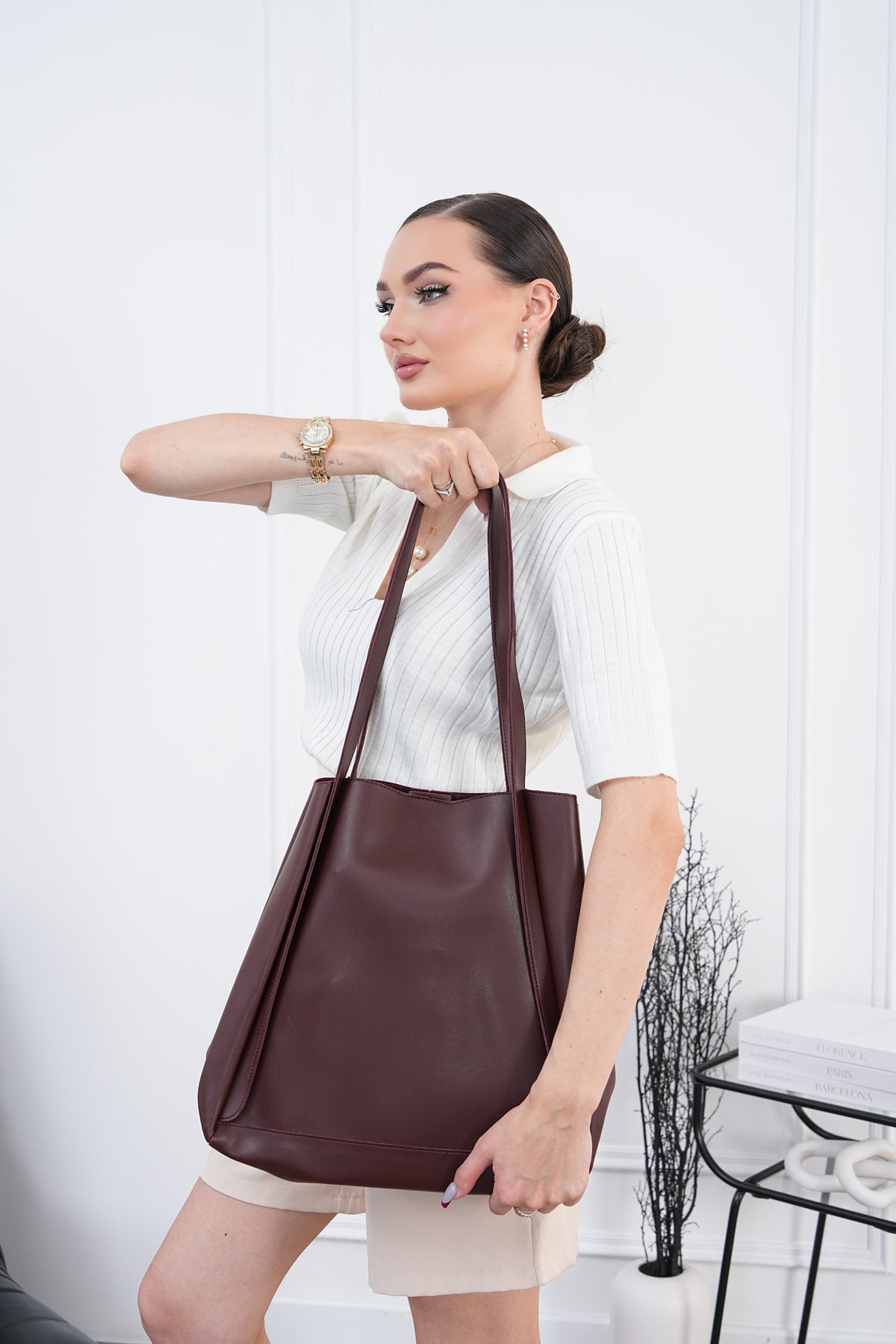 Kadın Bordo Minimalist Büyük Omuz Çantası