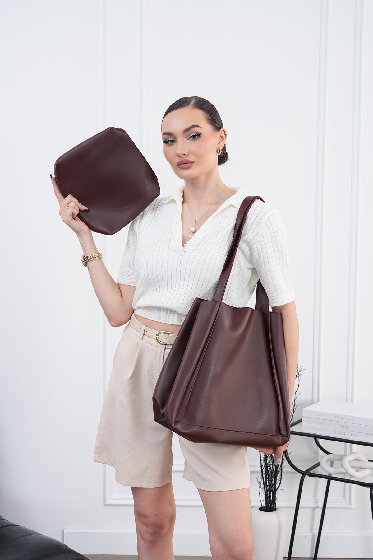 Kadın Bordo Minimalist Büyük Omuz Çantası