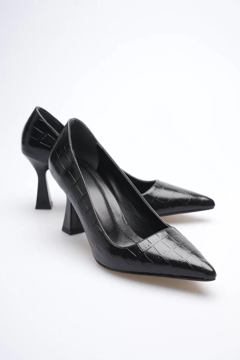Siyah Kroko Topuklu Kadın Stiletto Kadın Ayakkabı