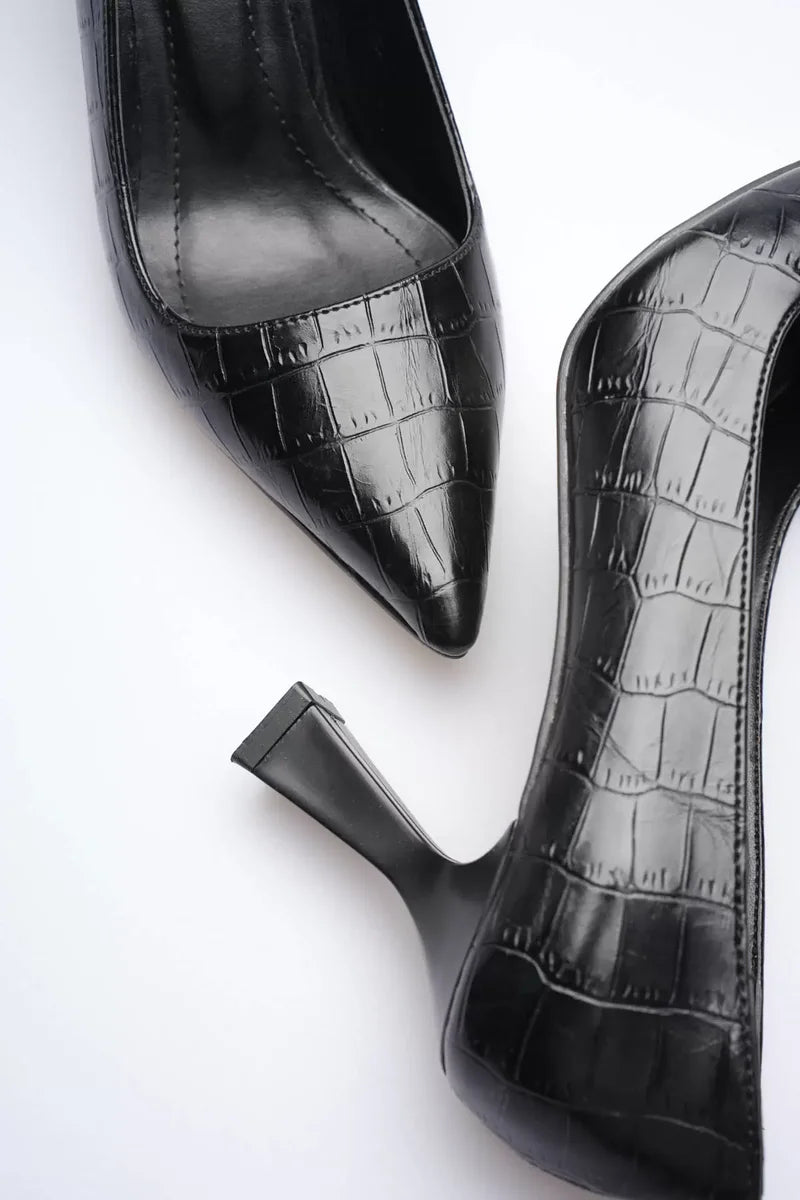 Siyah Kroko Topuklu Kadın Stiletto Kadın Ayakkabı