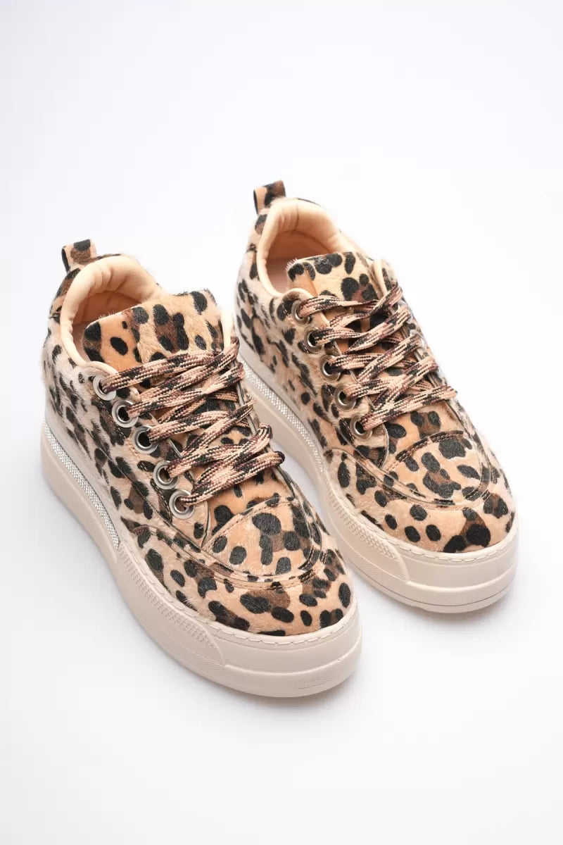 Kadın 8cm Boy Uzatan Gizli Topuklu Leopar Spor Ayakkabı TR04MS01D