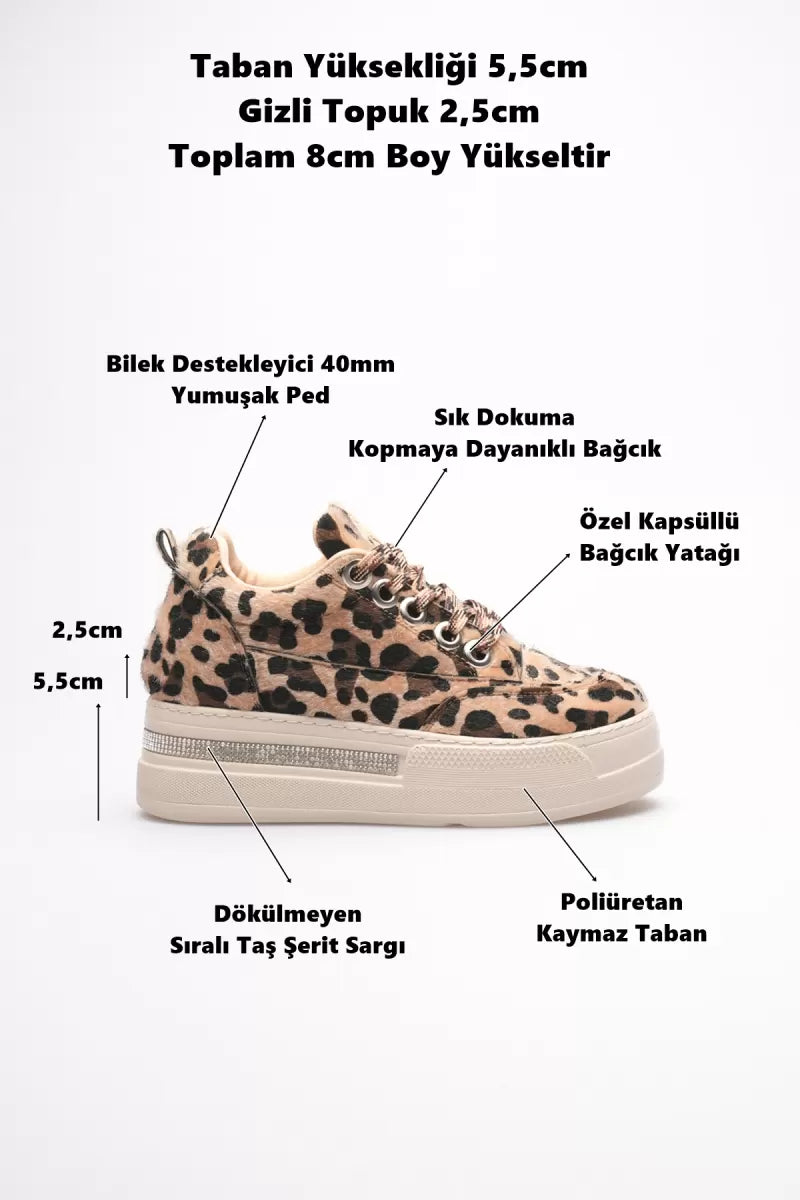Kadın Boy Uzatan Gizli Topuklu Bej Spor Ayakkabı İnce topuklu Bilekten Bağlamalı