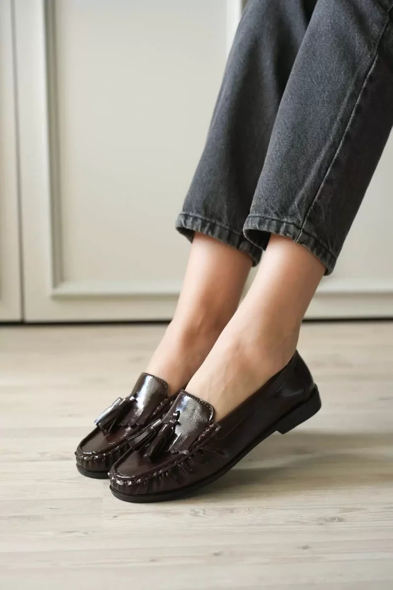 Acı Kahve Rugan Püsküllü Kadın Loafer Ayakkabı