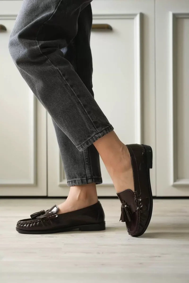 Acı Kahve Rugan Püsküllü Kadın Loafer Ayakkabı