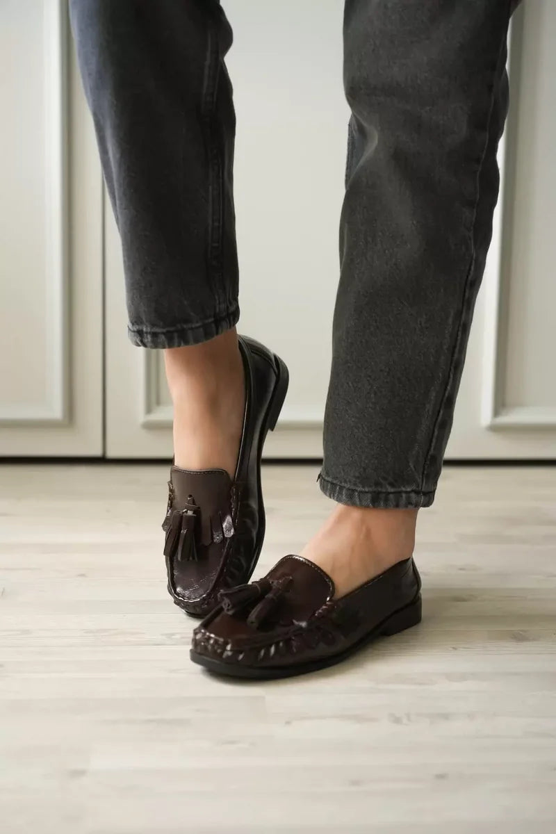Acı Kahve Rugan Püsküllü Kadın Loafer Ayakkabı
