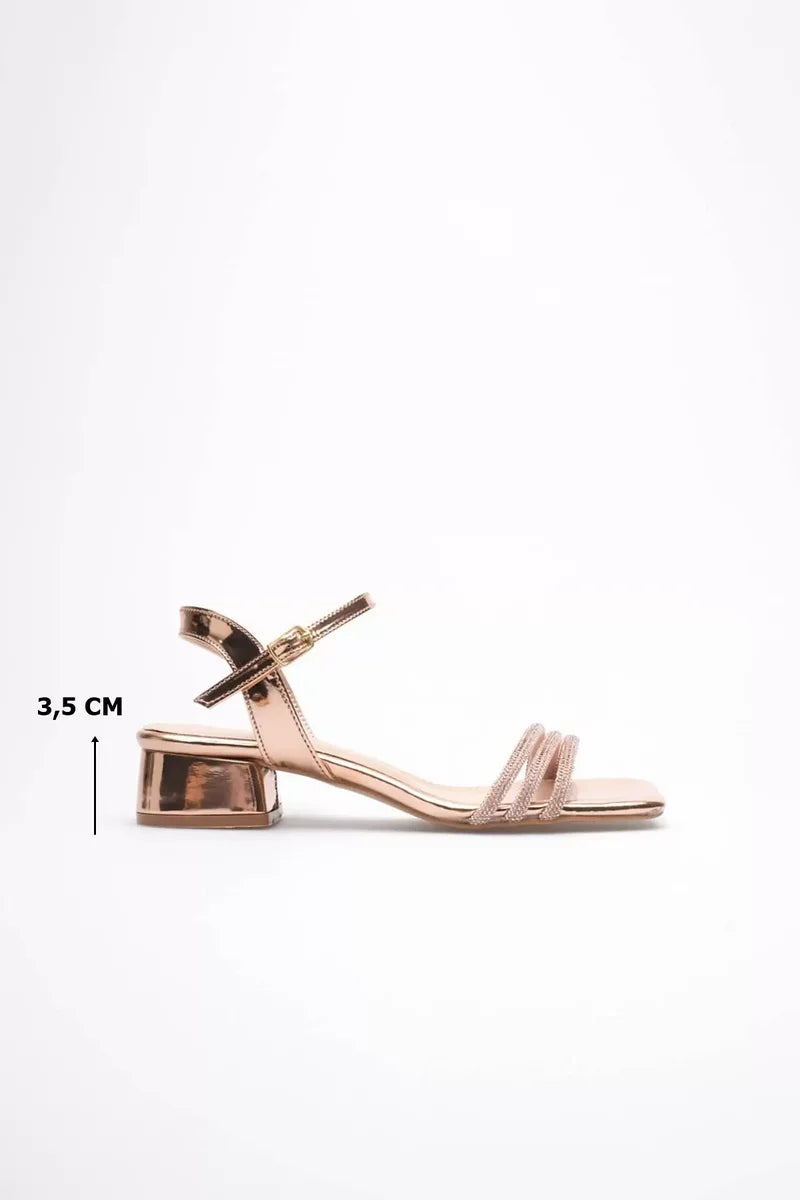 Kadın Rose Gold Taşlı Kalın Topuklu Sandalet