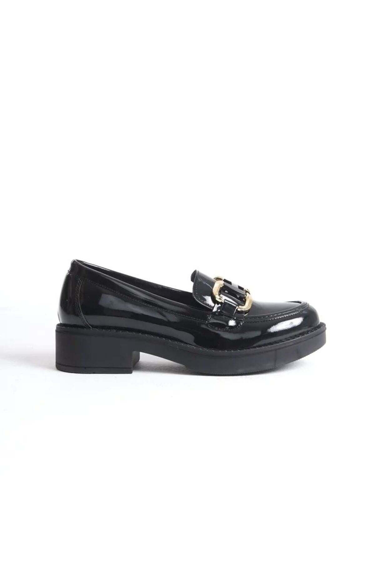 Rugan Siyah Gold Tokalı Kadın Loafer Bantlı