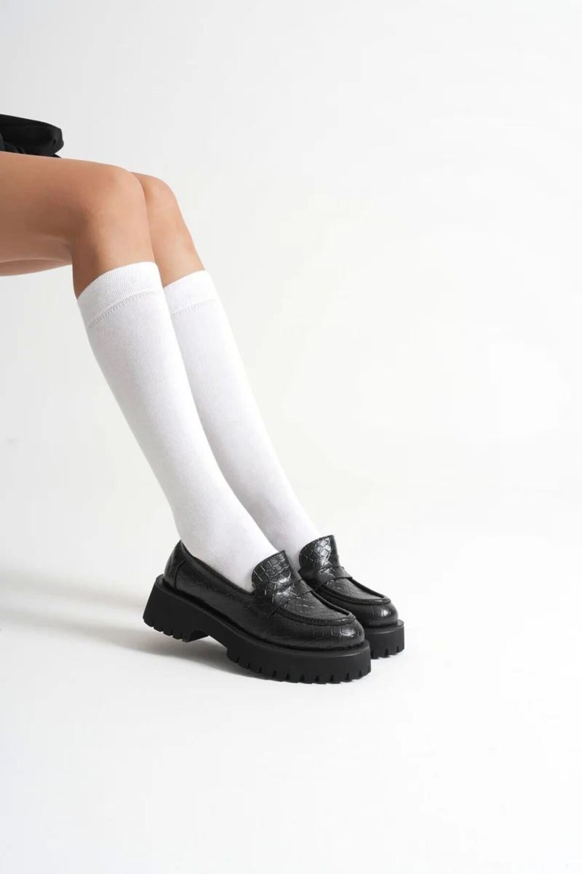 Kadın Günlük Siyah Kroko Loafer Ayakkabı