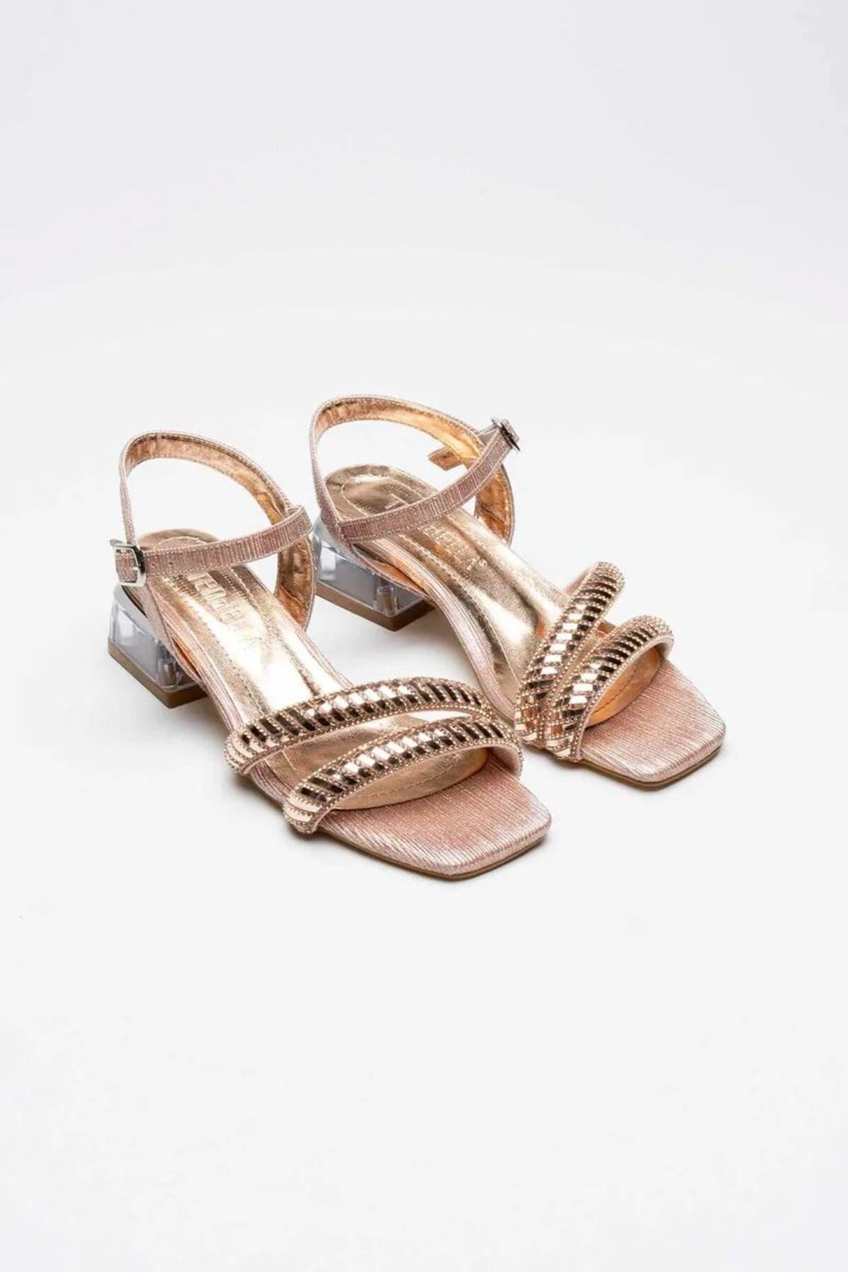 Rose Gold Taşlı Kadın Topuklu Sandalet Dolgu Topuklu Bilekten Bağlamalı Çapraz Bantlı