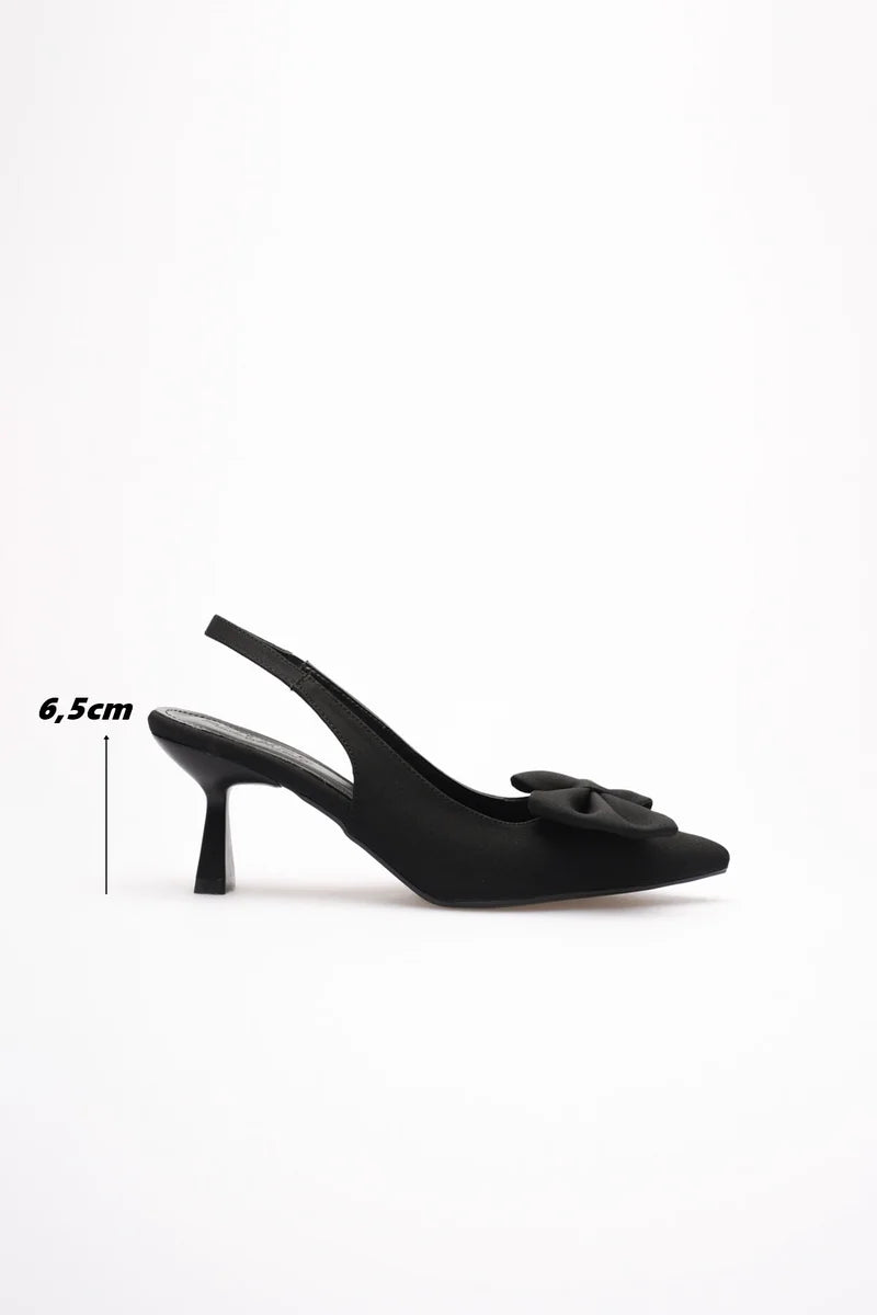 Siyah Fiyonklu Kitten Topuklu Slingback Kadın Ayakkabı İnce topuklu