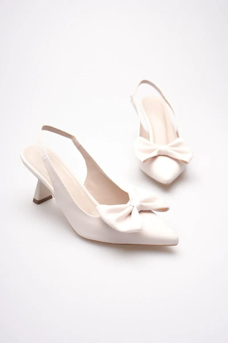 Siyah Fiyonklu Kitten Topuklu Slingback Kadın Ayakkabı İnce topuklu