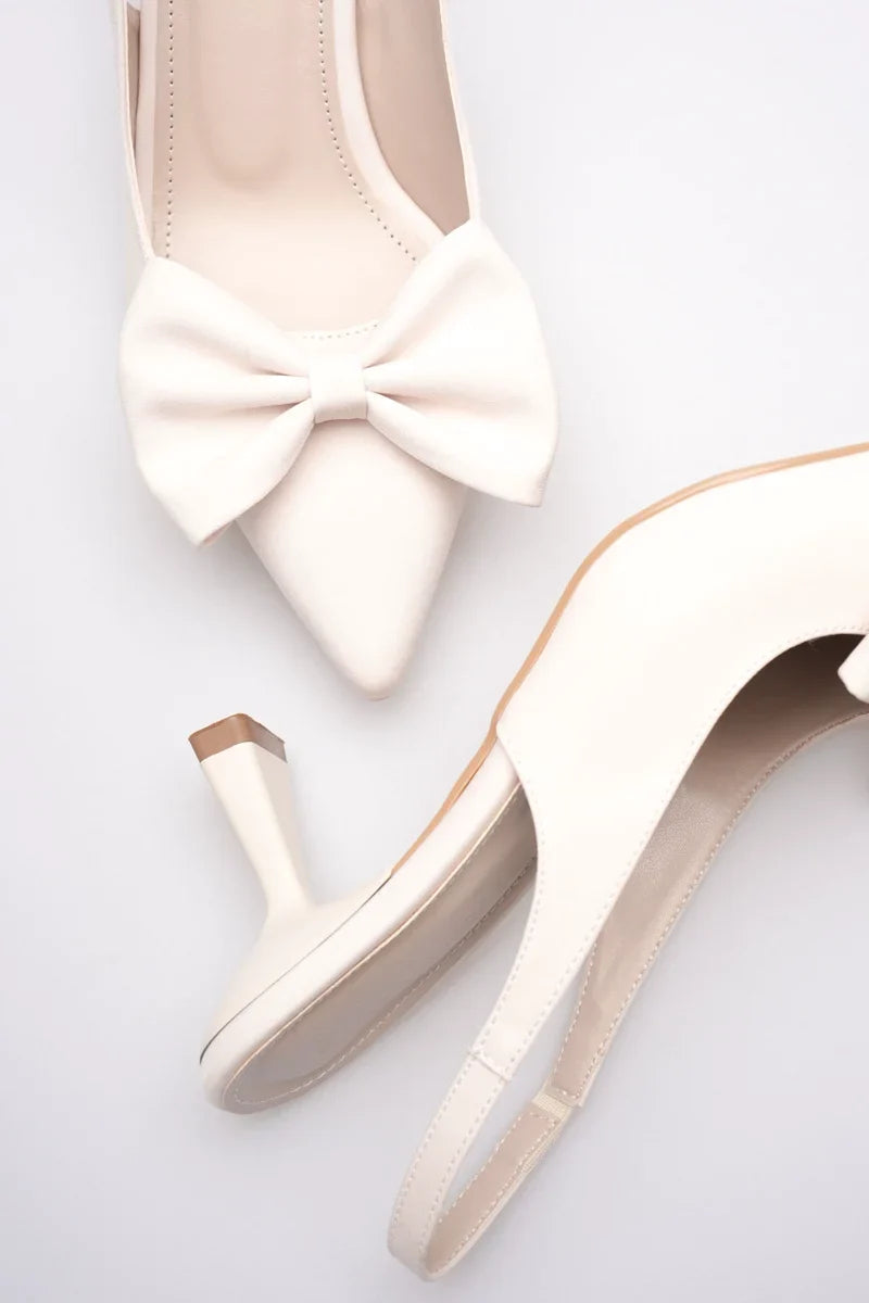 Siyah Fiyonklu Kitten Topuklu Slingback Kadın Ayakkabı İnce topuklu