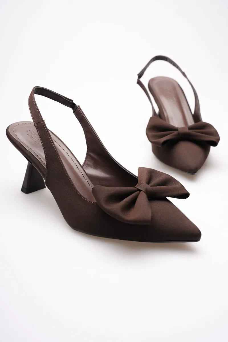 Siyah Fiyonklu Kitten Topuklu Slingback Kadın Ayakkabı İnce topuklu
