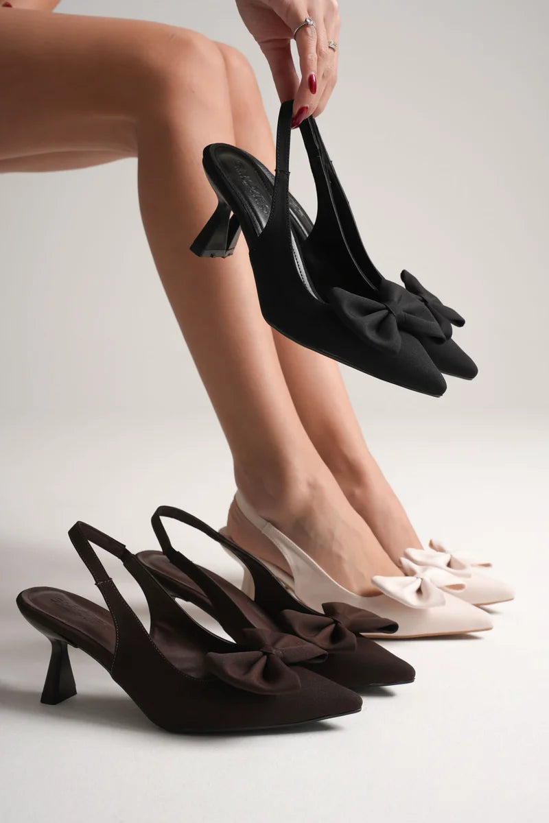 Acı Kahve Fiyonklu Kitten Topuklu Slingback Kadın Ayakkabı TR08MS24C
