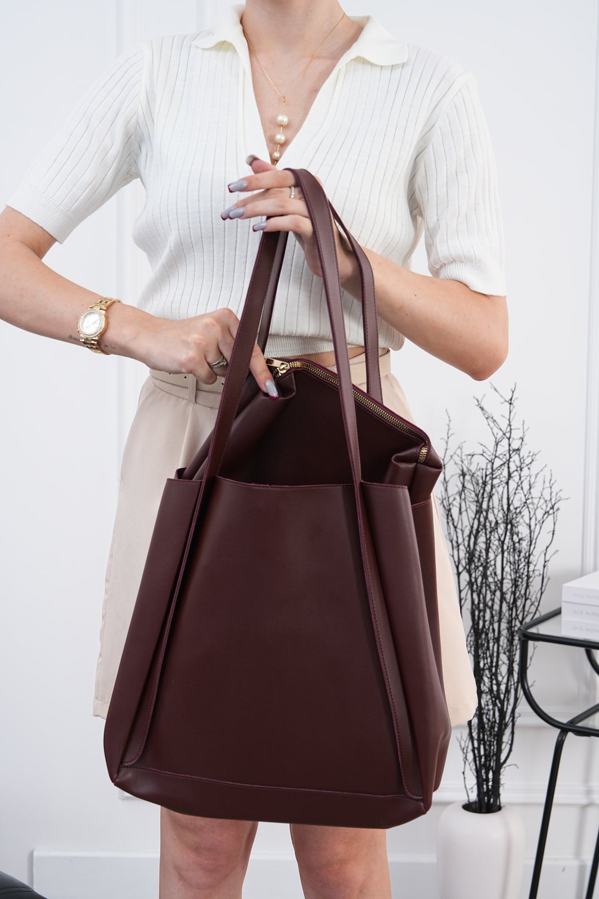 Kadın Bordo Minimalist Büyük Omuz Çantası