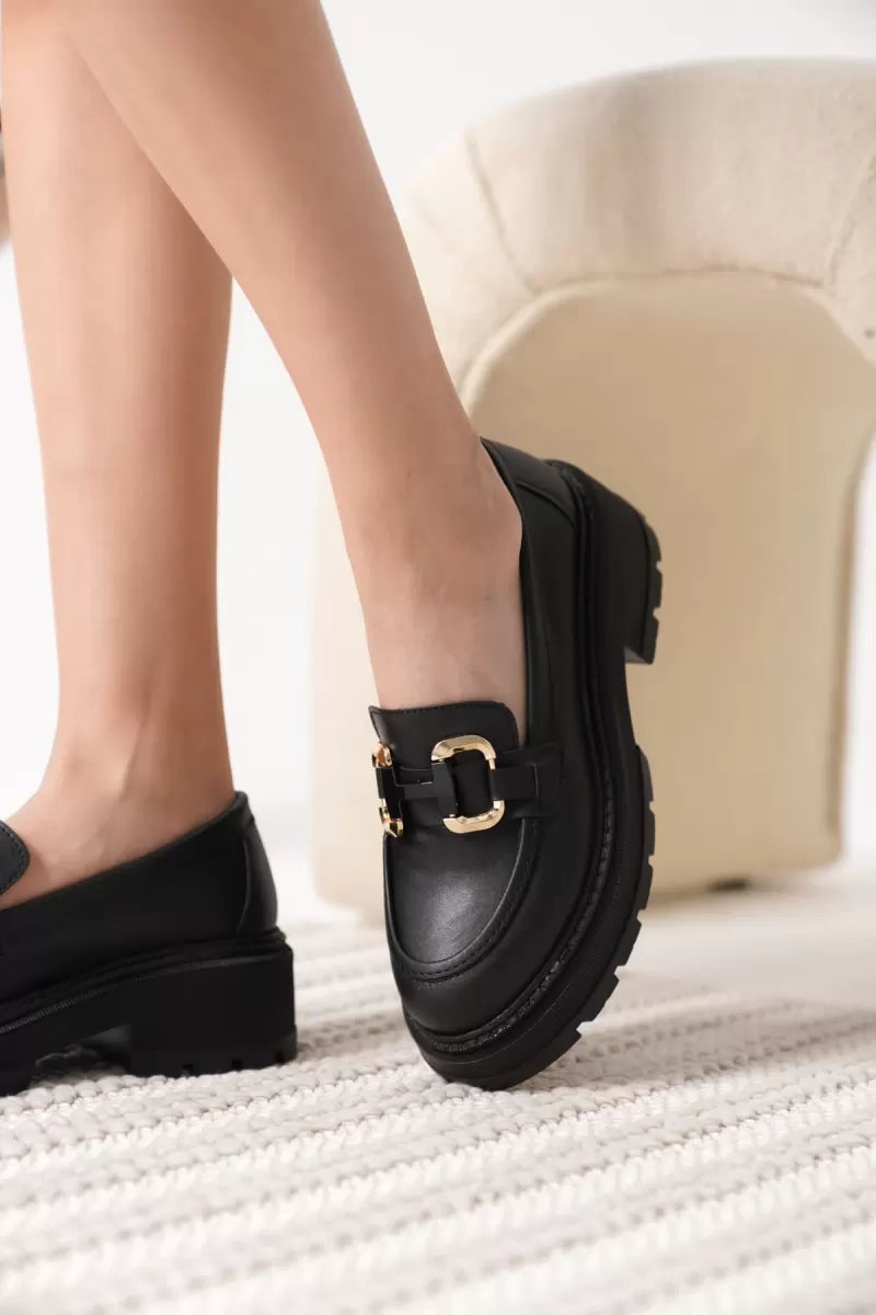 Kadın Siyah Cilt topuklu Loafer Kadın Ayakkabı